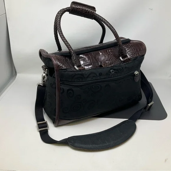 Brighton Lansky Black & Brown Croc Embossed Leather Weekender Travel Duffle Bag
